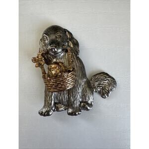 Vintage Dog Puppy Basket Animal Silver Copper Tone Brooch Pin Setter Spaniel